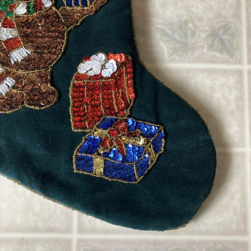 Vintage‎ Christmas Teddy Bear with Presents Velvet Sequin Stocking Maximallist